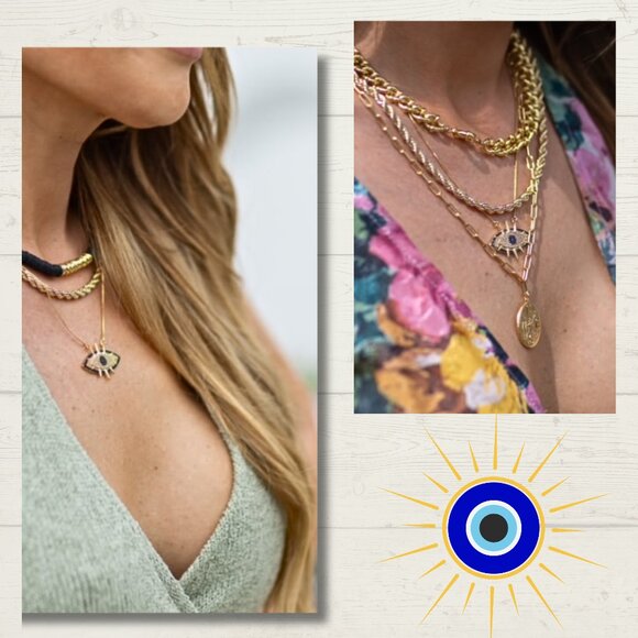 18K Gold Filled Evil Eye Protection Cubic Zirconia Pendant Chain Necklace NEW - Picture 6 of 8